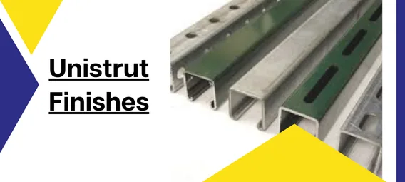 A variety of slotted and solid steel strut channels in galvanised silver and green powder-coated finishes.